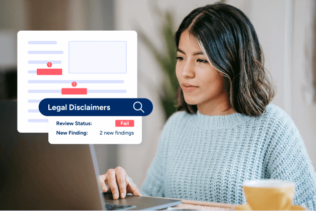 A woman looking at her laptop as Fintel Check looks over the content on a webpage and identifies 2 legal disclaimers