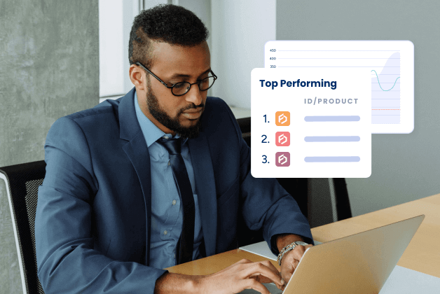 A man looking at a laptop while two popups display the top performing products and a chart with the data tracking upwards