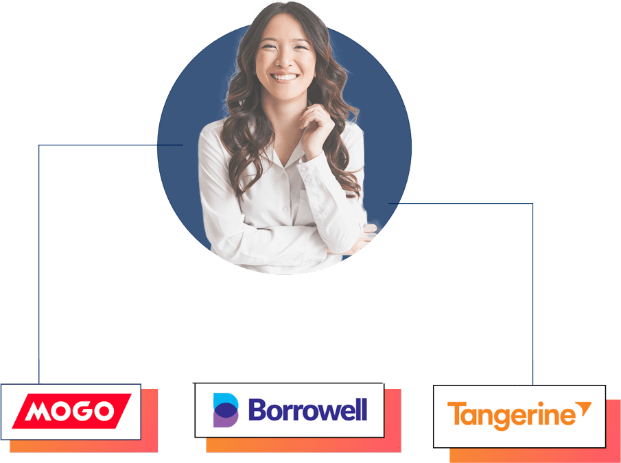 Woman in white shirt positioned above brand logos