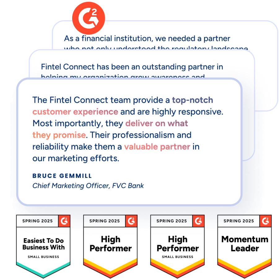 A series of G2 Crowd reviews about Fintel Connect with G2 Crowd badges underneath boasting High performer awards and Momentum Leader from the year 2025