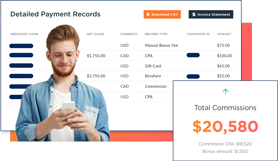 affiliate publisher looking at phone with program dashboard in the background