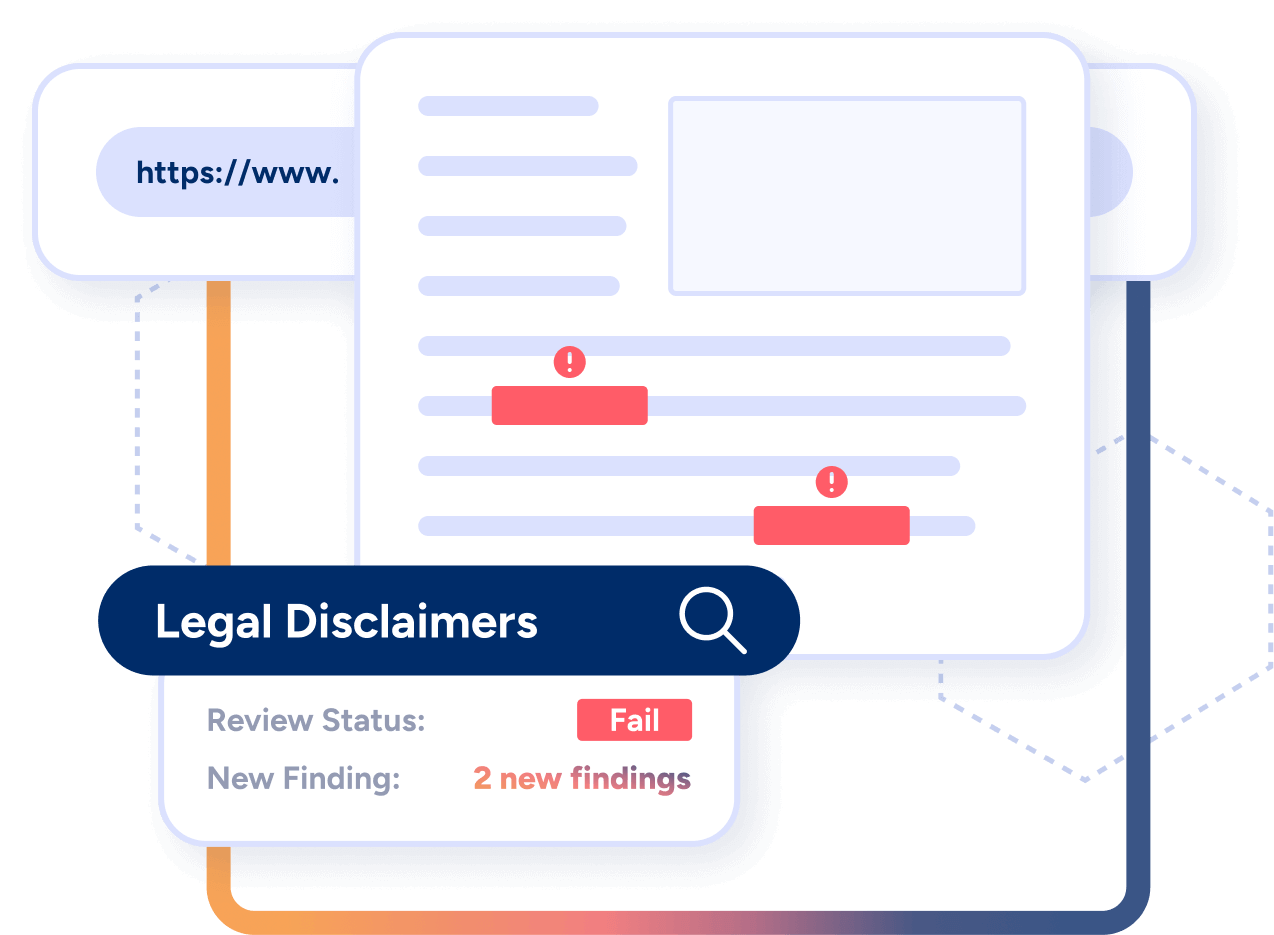 An abstraction of webpages being reviewed with an Annual Fee rule. The expected match is 120$ and one page has been identified as 'failing'. Fintel Check identifies the URL and shows a screenshot of where the error is.