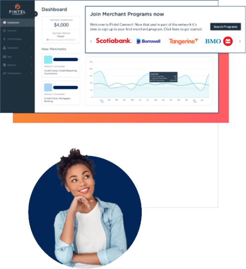affiliate program dashboard with woman looking up to the right