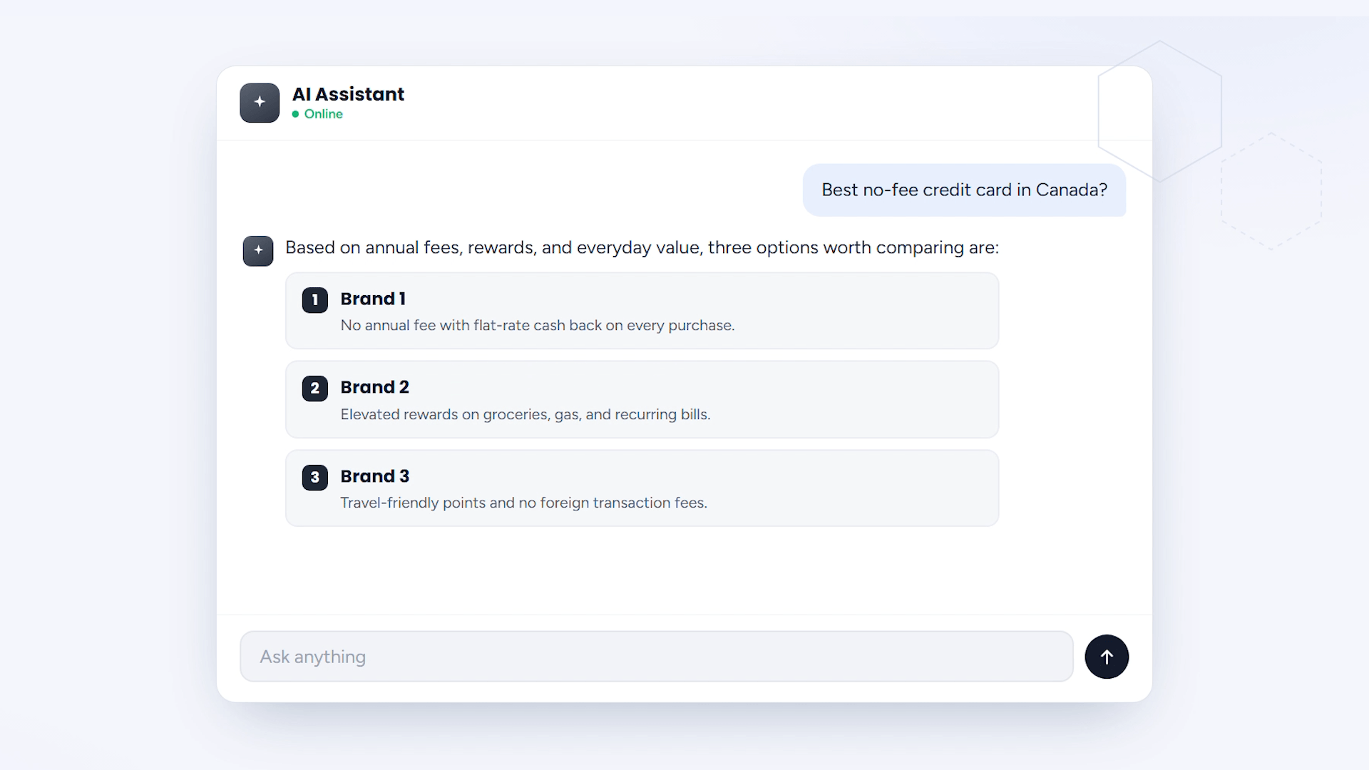 AI chat assistant answering "best no-fee credit card in Canada" with three ranked brand recommendations