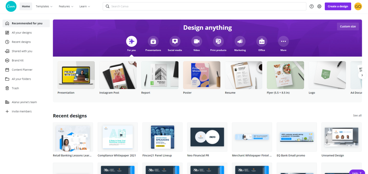 Canva homepage