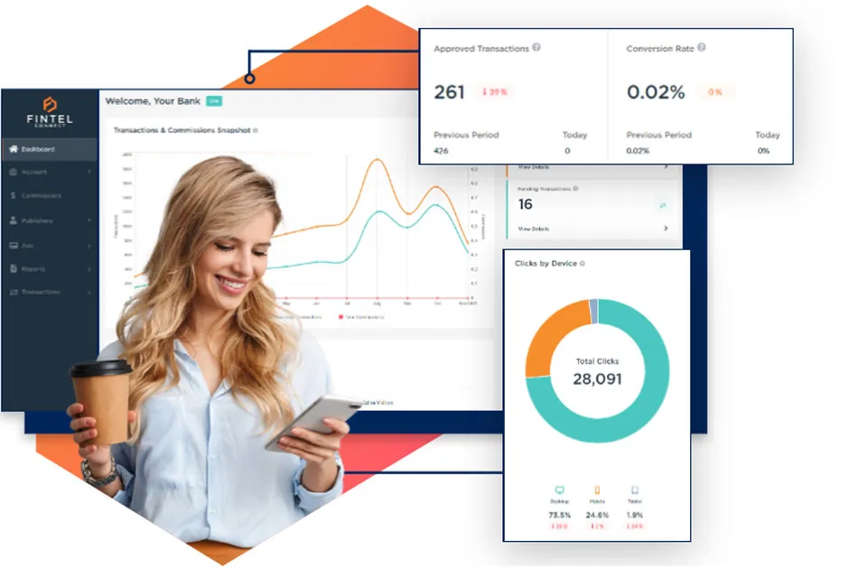 woman looking up to the right with tech dashboard in the background