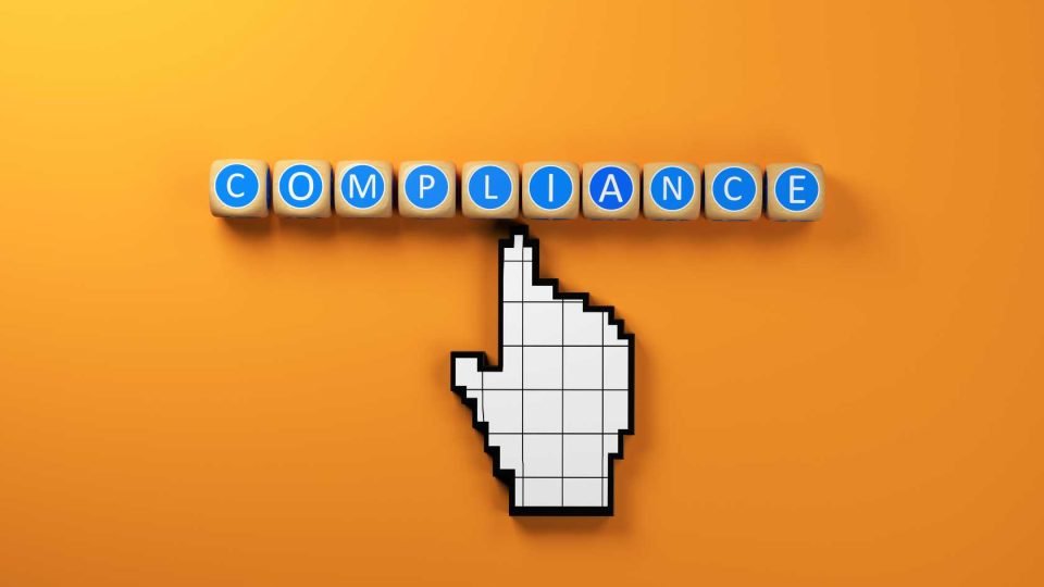 Illustration of a computer mouse pointer clicking on the word 'Compliance' built from brick-like blocks, symbolizing the foundational role of compliance in a structured system
