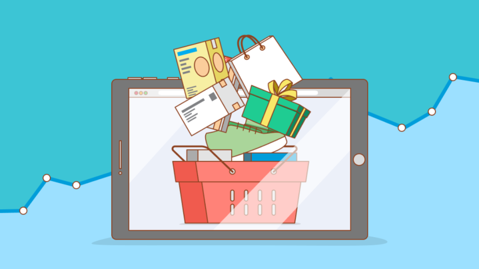 Graphic image of a laptop with a cart inside filled with gifts, bags, and tickets with a graph in the background showcasing how upselling works