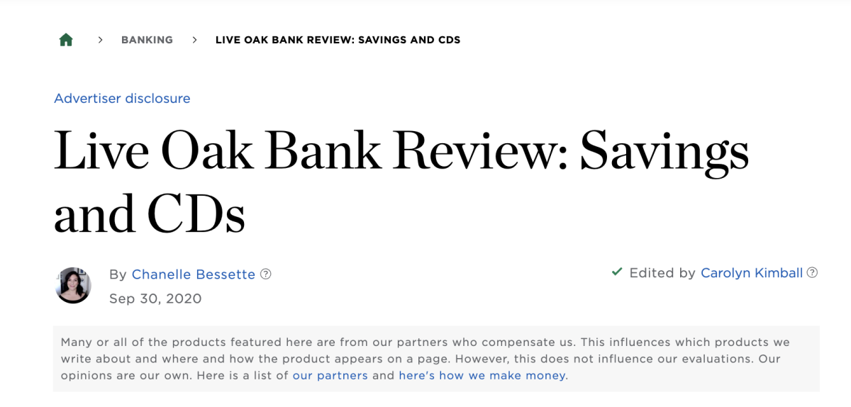 Live Oak Bank review example - Fintel Connect