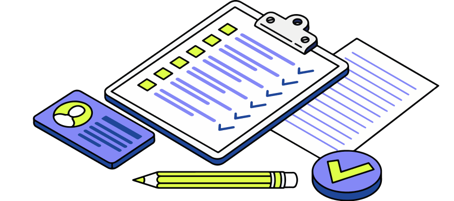 Illustration of a clipboard checklist with checkmarks, a pencil, and a document, representing a financial marketing audit checklist