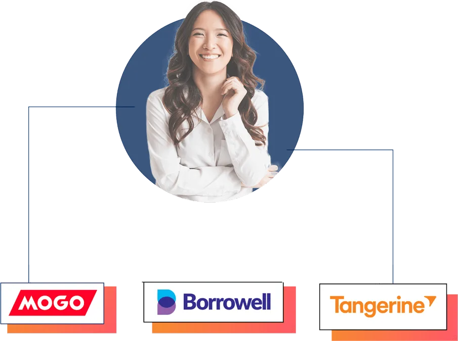 Woman in white shirt positioned above brand logos