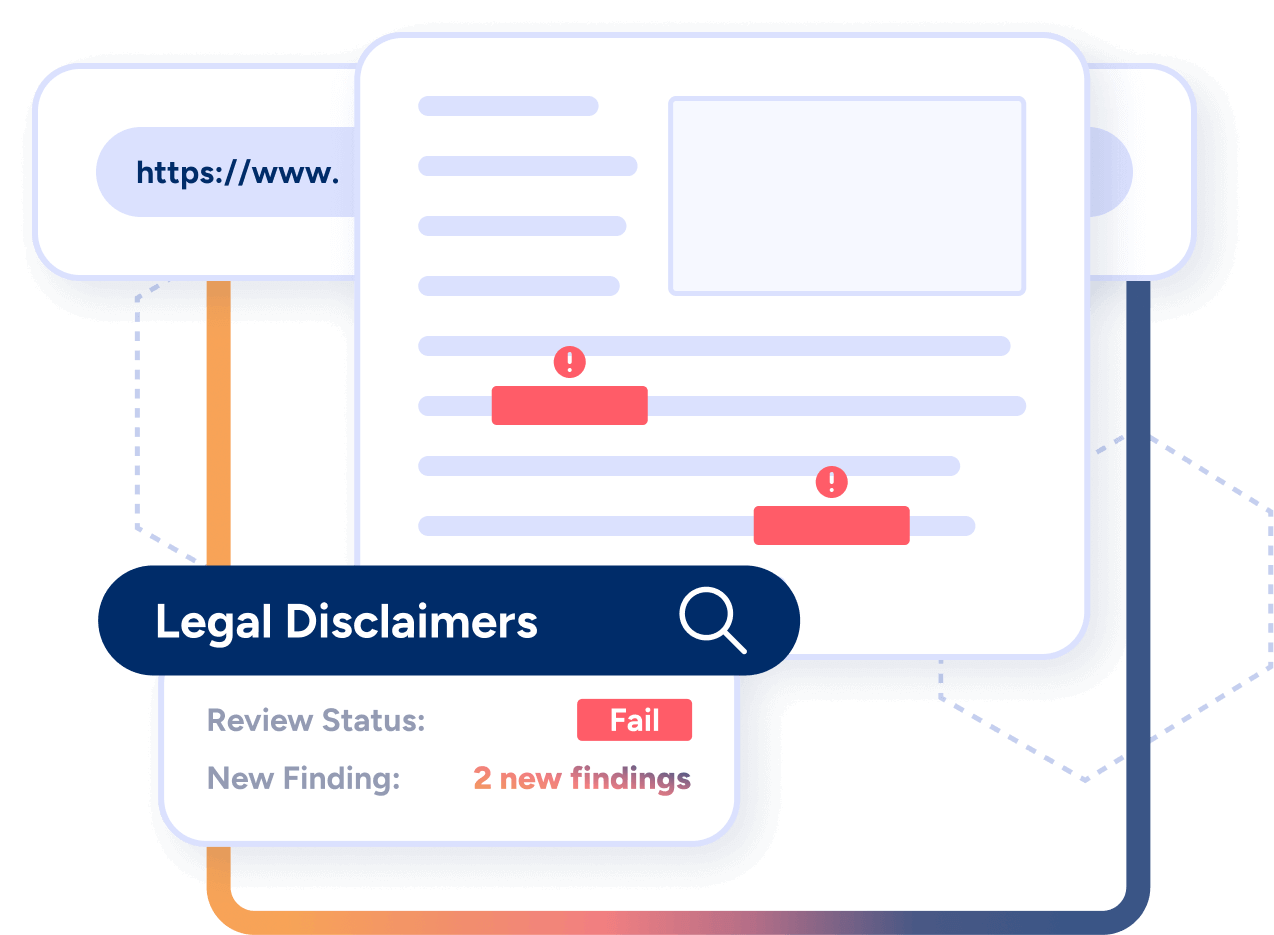 An abstraction of webpages being reviewed with an Annual Fee rule. The expected match is 120$ and one page has been identified as 'failing'. Fintel Check identifies the URL and shows a screenshot of where the error is.