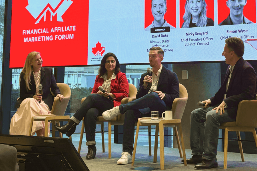 Panel session at the 2025 Financial Affiliate Marketing Forum on scaling affiliate programs, featuring Nicky Senyard of Fintel Connect, Simon Wyse of Borrowell, and Hanniya Farooqui of Scotiabank, moderated by David Duke of goeasy