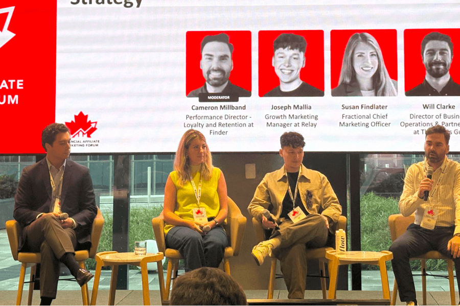 Panel session at the 2025 Financial Affiliate Marketing Forum on common misconceptions in affiliate marketing strategy, moderated by Cameron Millband of Finder, with Joseph Mallia of Relay, Susan Findlater, and Will Clarke of The Points Guy