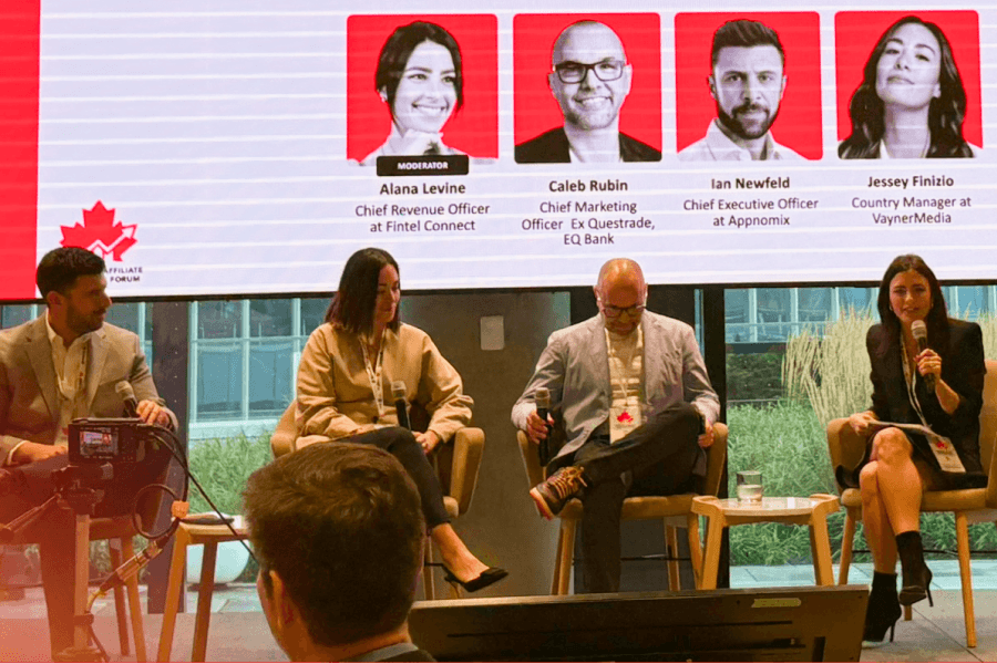 Panel session at the 2025 Financial Affiliate Marketing Forum on the rise of AI in affiliate marketing, moderated by Alana Levine of Fintel Connect, with Caleb Rubin, Ian Newfeld of Appnomix, and Jessey Finizio of VaynerMedia