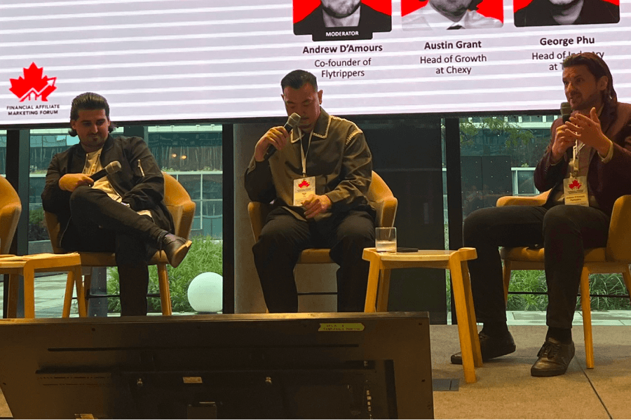 Panel session at the 2025 Financial Affiliate Marketing Forum on building a brand through partnerships, moderated by Andrew D'Amours of Flytrippers, with Austin Grant of Chexy and George Phu of TikTok