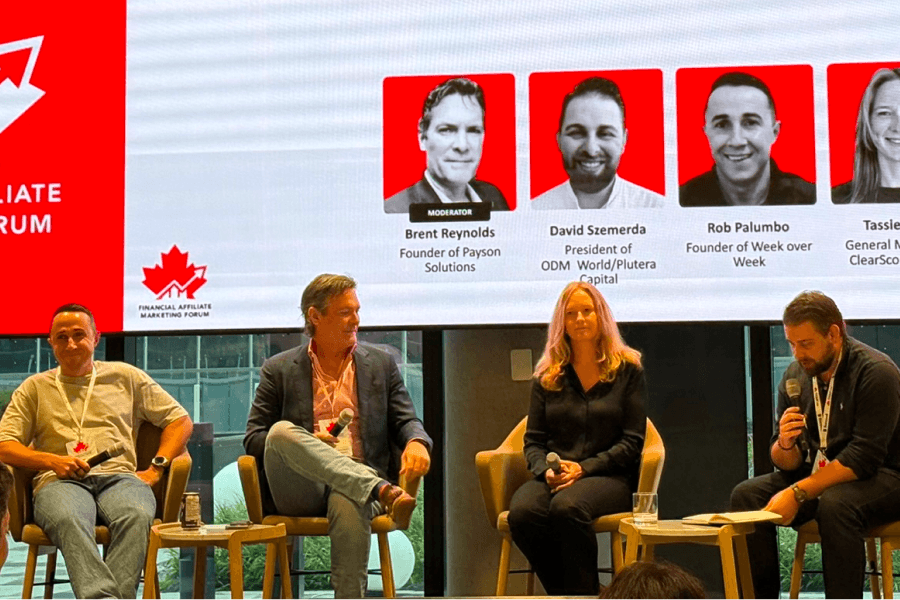 Panel session at the 2025 Financial Affiliate Marketing Forum on optimising acquisition marketing for quality and efficiency, moderated by Brent Reynolds of Payson Solutions, with David Szemerda, Rob Palumbo of Week over Week, and Tassie Milne of ClearScore Canada