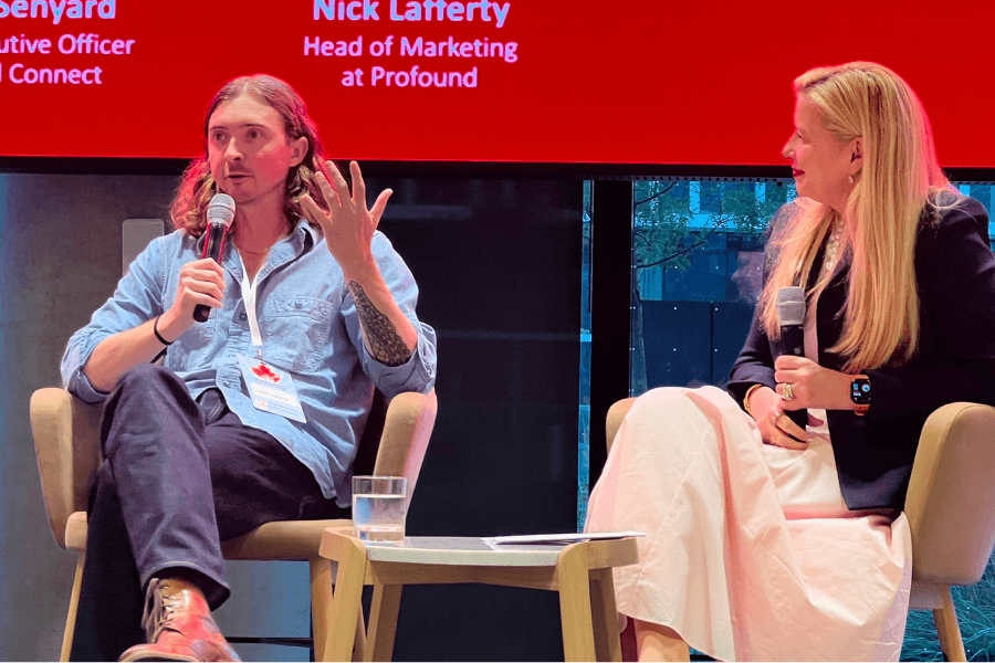 Fireside chat at the 2025 Financial Affiliate Marketing Forum between Nick Lafferty, Head of Marketing at Profound, and Nicky Senyard, Chief Executive Officer at Fintel Connect