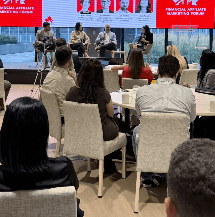 Audience and panel at the 2025 Financial Affiliate Marketing Forum during the session on AI in affiliate marketing, featuring Alana Levine of Fintel Connect, Caleb Rubin, Ian Newfeld of Appnomix, and Jessey Finizio of VaynerMedia