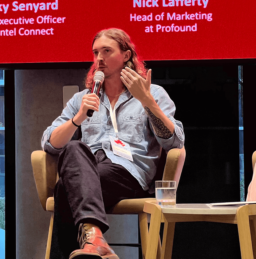 Nick Lafferty, Head of Marketing at Profound, speaking during his fireside chat with Nicky Senyard at the 2025 Financial Affiliate Marketing Forum
