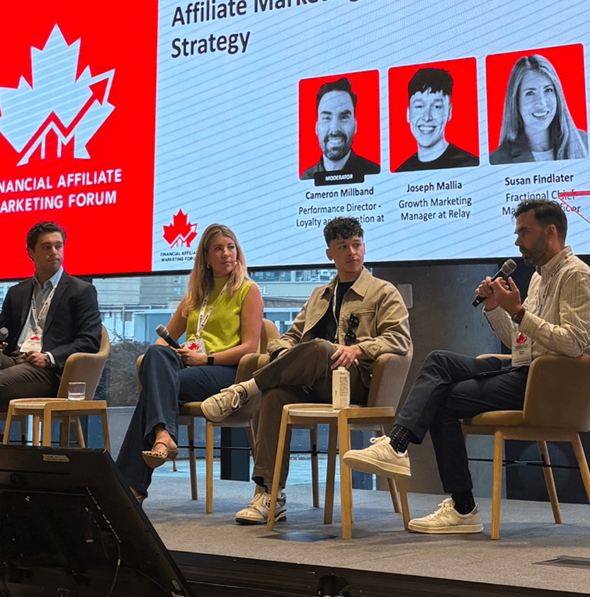 Panel session on affiliate marketing strategy at the 2025 Financial Affiliate Marketing Forum, moderated by Cameron Millband of Finder, with Joseph Mallia of Relay and Susan Findlater