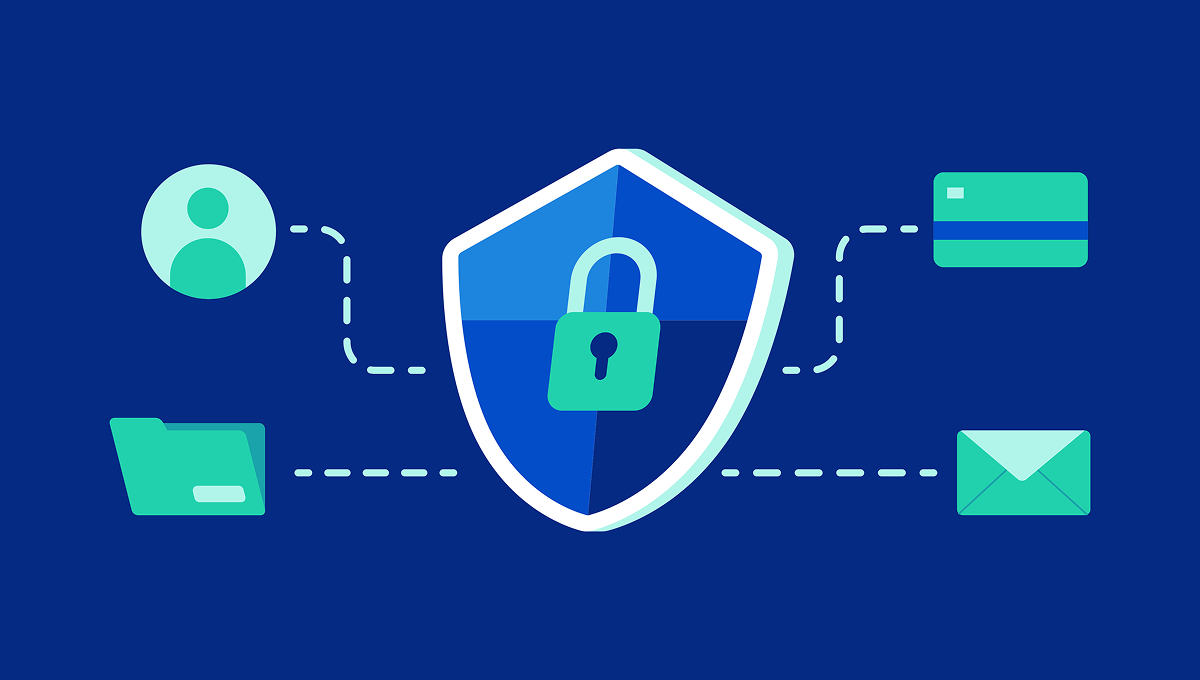 Security shield with padlock connected to user profile, credit card, document folder, and email icons, illustrating affiliate fraud prevention and data protection in financial services affiliate marketing