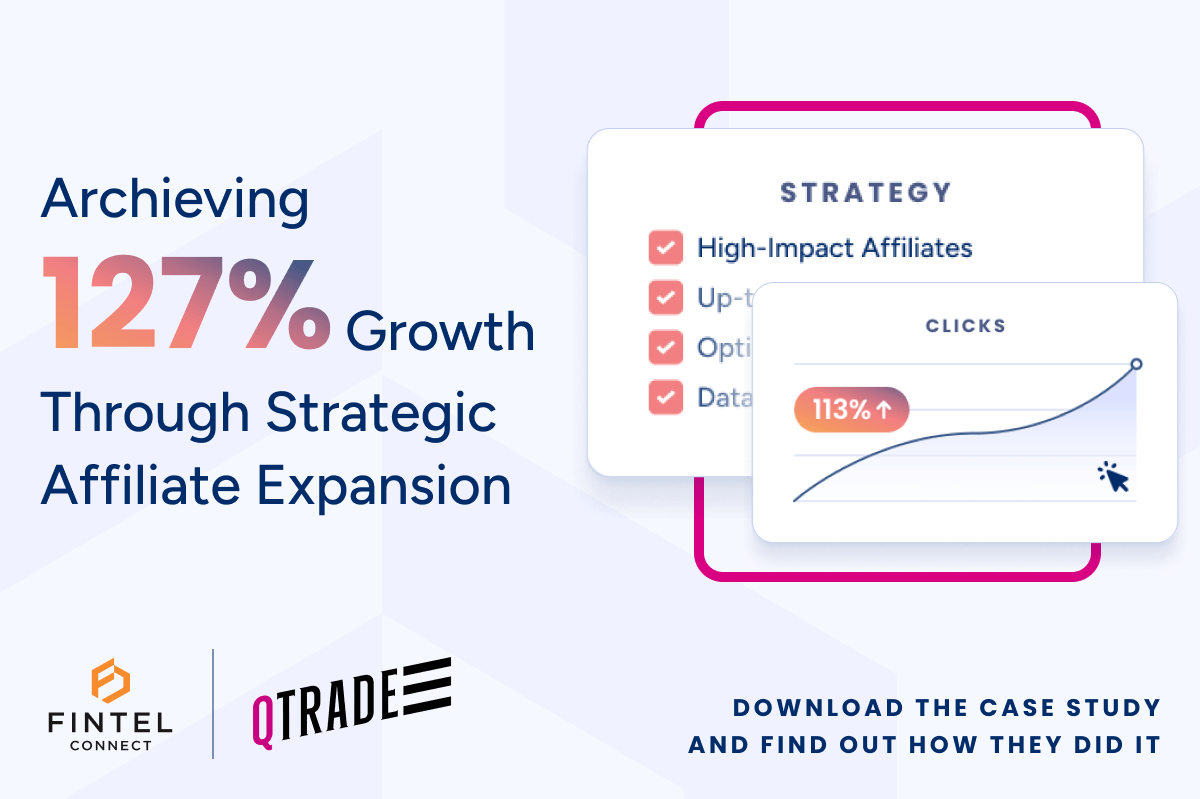 Qtrade Direct Investing affiliate marketing case study graphic showing 127% account growth and 113% click increase using high-impact affiliates, optimised offers, and data-backed campaign strategy