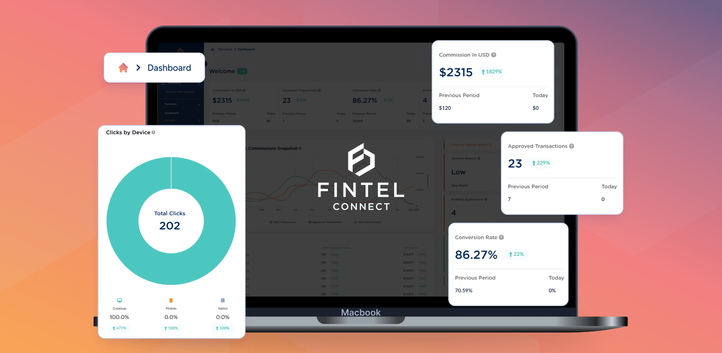Laptop showing the best affiliate marketing platform for financial services: Fintel Connect dashboard with commissions, approved transactions, and click data