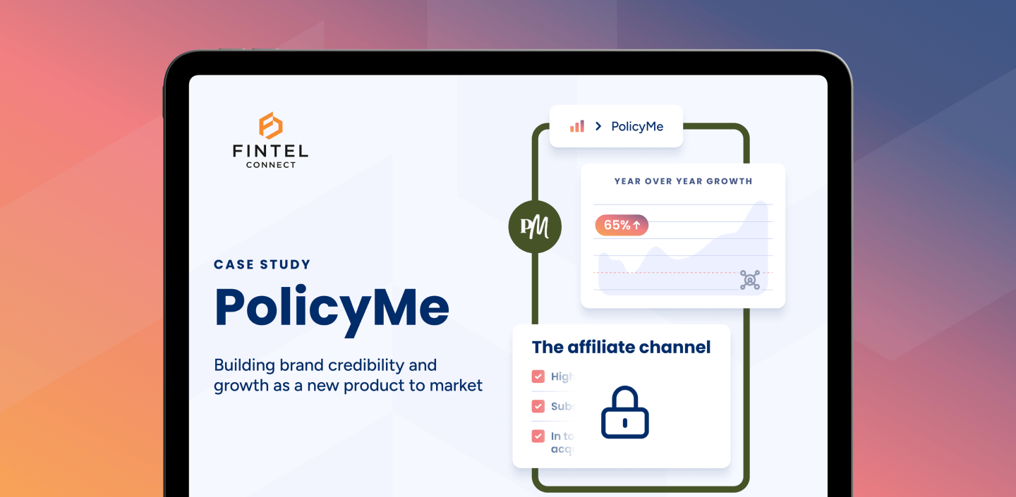 Tablet showing PolicyMe case study: 65% year-over-year growth via the affiliate channel, an example relevant to affiliate CPA for fintechs
