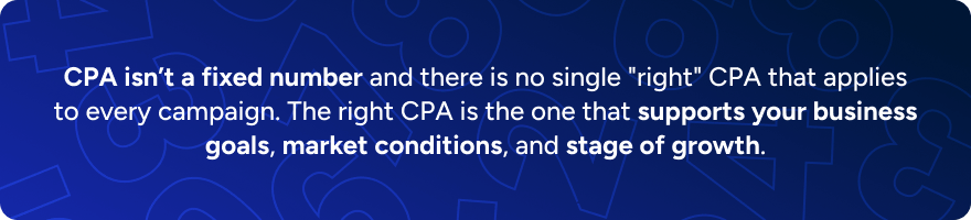 Text graphic on affiliate CPA for financial services: 'CPA isn't fixed... it should fit your goals and growth stage'