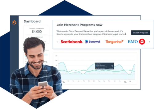 publisher looking at cellphone with affiliate program dashboard in the background