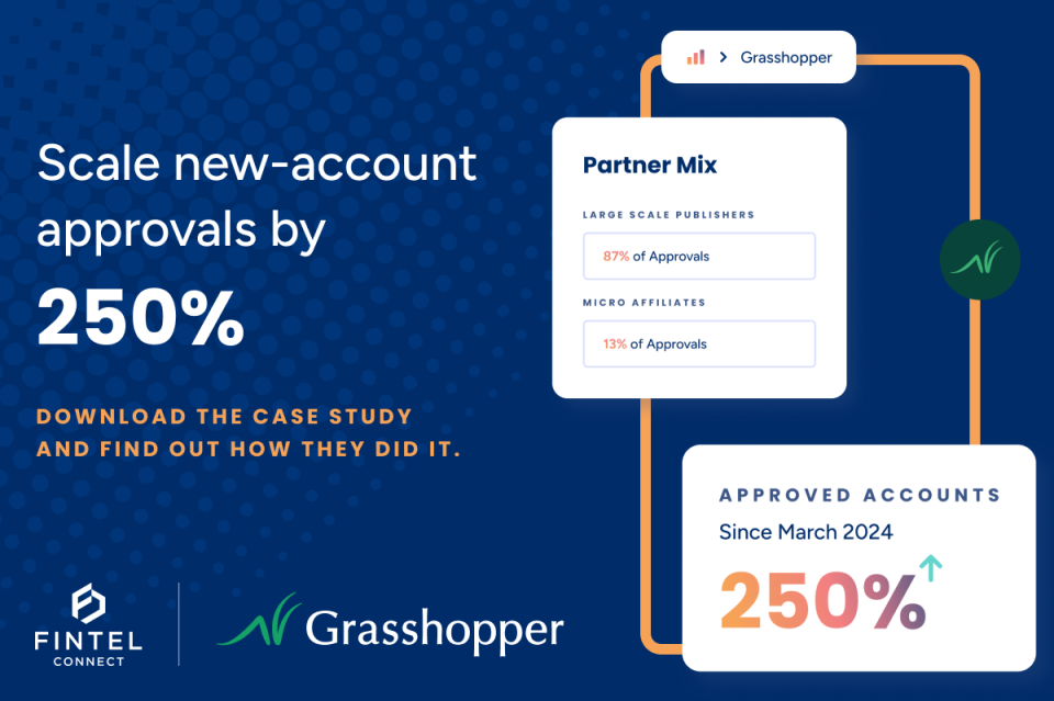 Fintel Connect and Grasshopper Bank case study graphic showing 250% growth in approved accounts since March 2024 through affiliate marketing — partner mix breakdown: 87% large-scale publishers, 13% micro affiliates.
