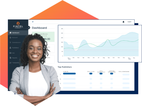 woman looking up to the right with tech dashboard in the background