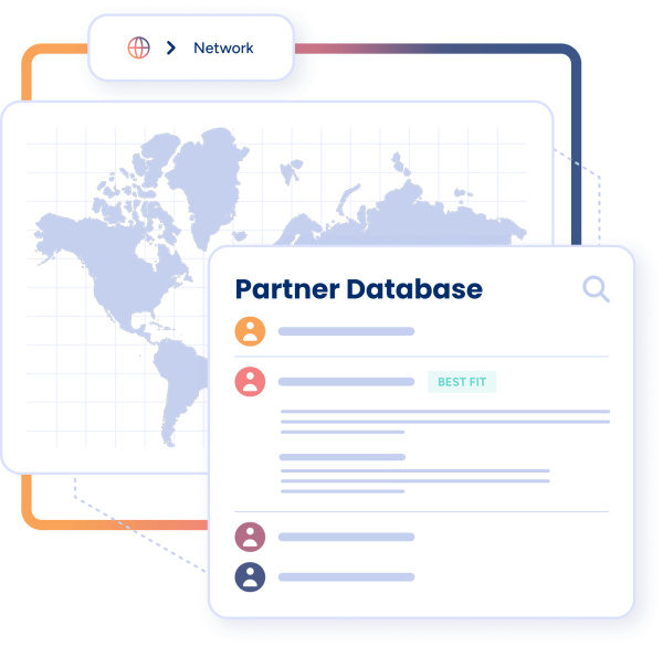 An abstraction of the Fintel Performance platform showcasing a map with a popup of a partner database, highlighting one partner as the best fit